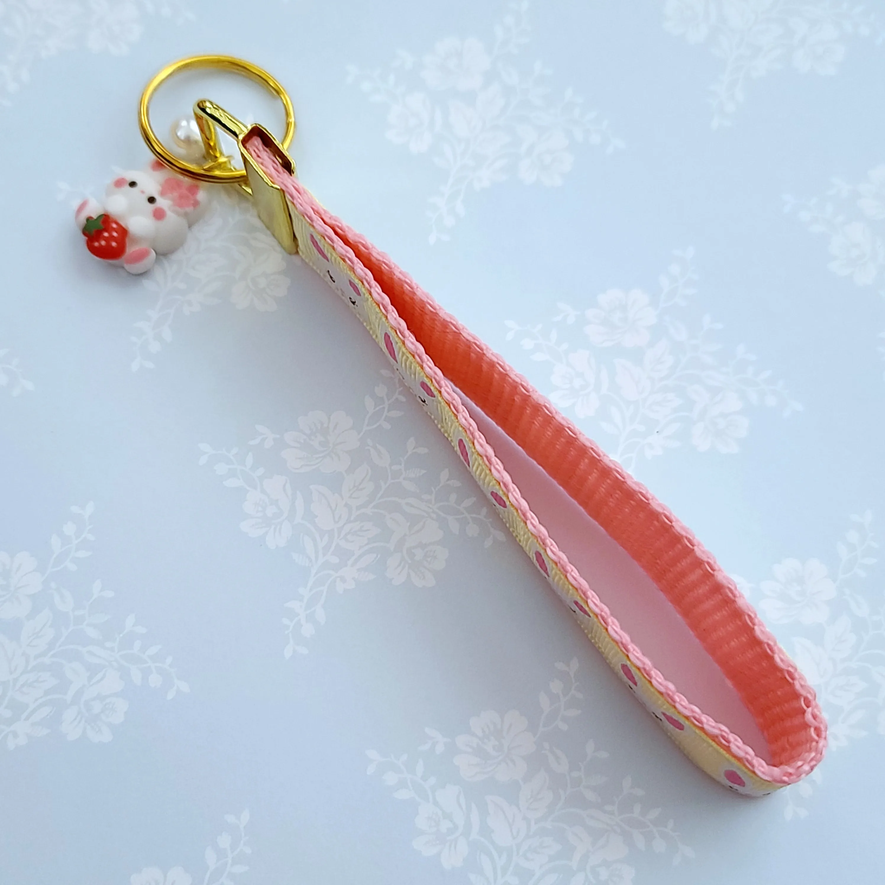 Bunnies with Glittery Faces Key Chain Fob with Yellow Gold Clasp and Cute Enameled Bunny Charm