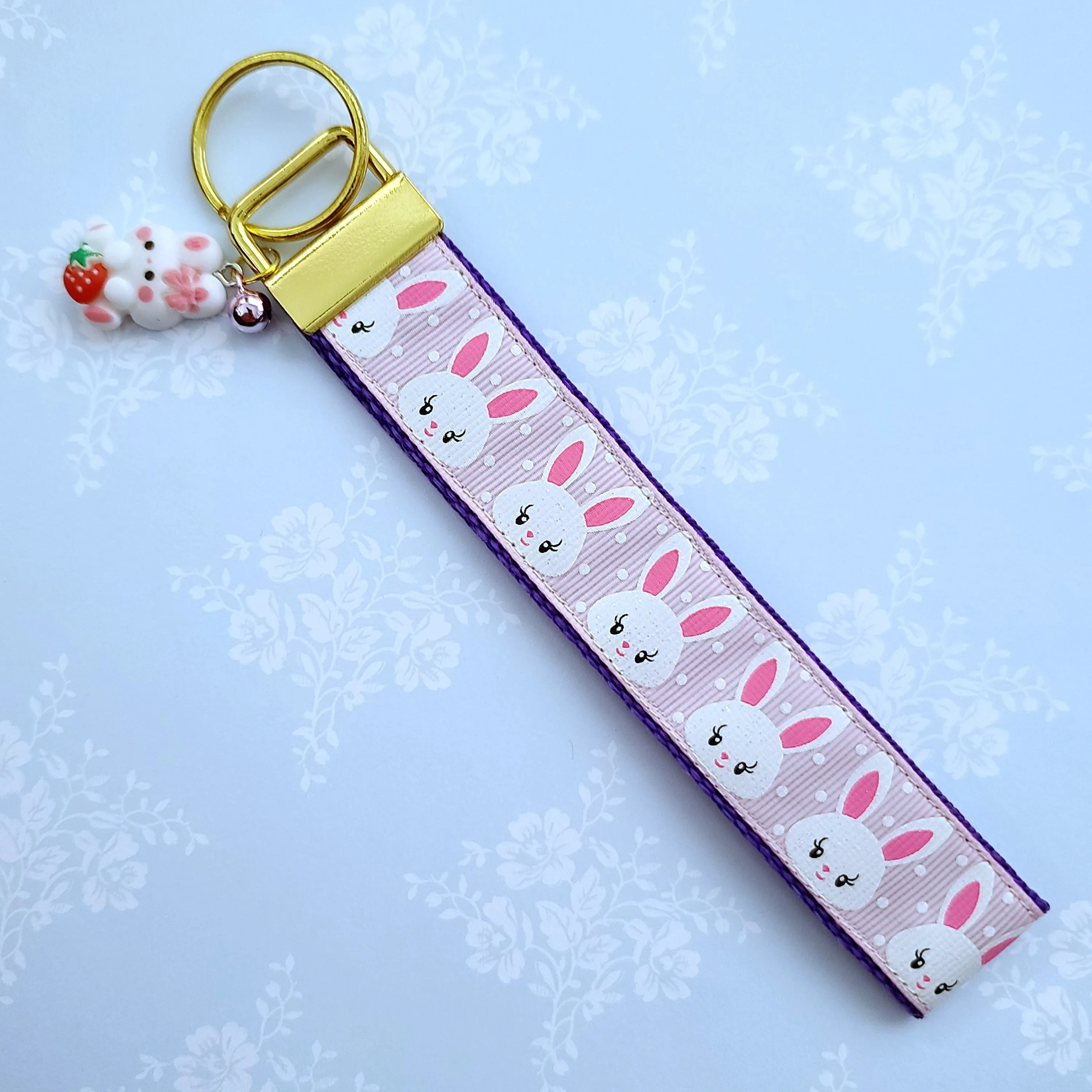 Bunnies with Glittery Faces Key Chain Fob with Yellow Gold Clasp and Cute Enameled Bunny Charm