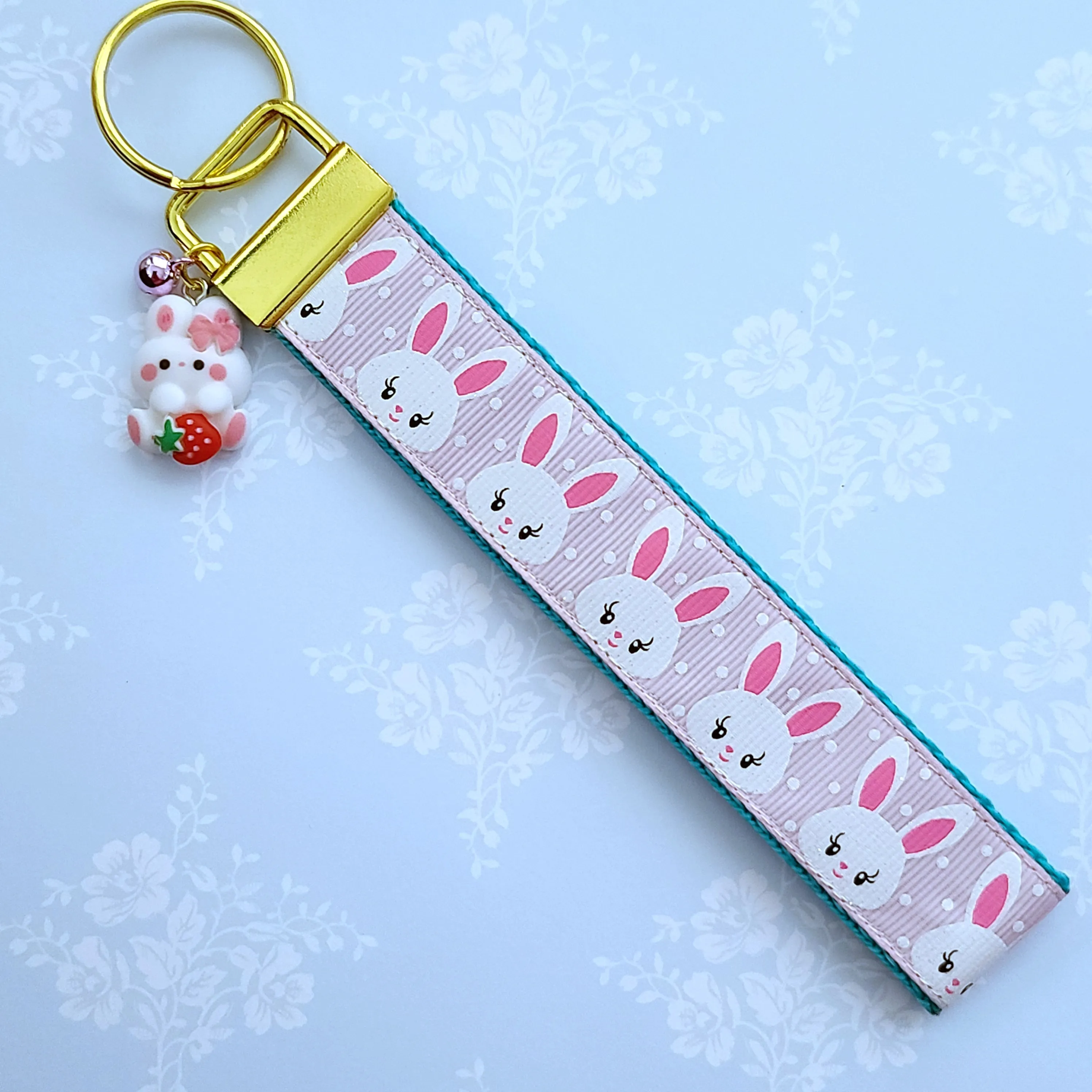 Bunnies with Glittery Faces Key Chain Fob with Yellow Gold Clasp and Cute Enameled Bunny Charm
