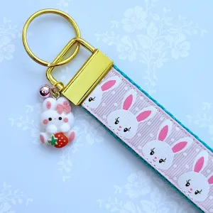 Bunnies with Glittery Faces Key Chain Fob with Yellow Gold Clasp and Cute Enameled Bunny Charm