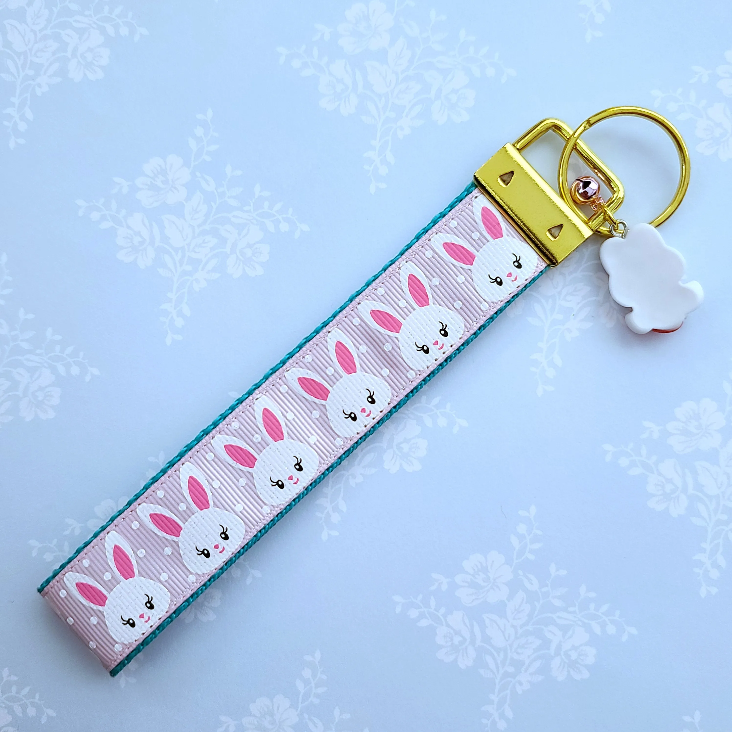 Bunnies with Glittery Faces Key Chain Fob with Yellow Gold Clasp and Cute Enameled Bunny Charm