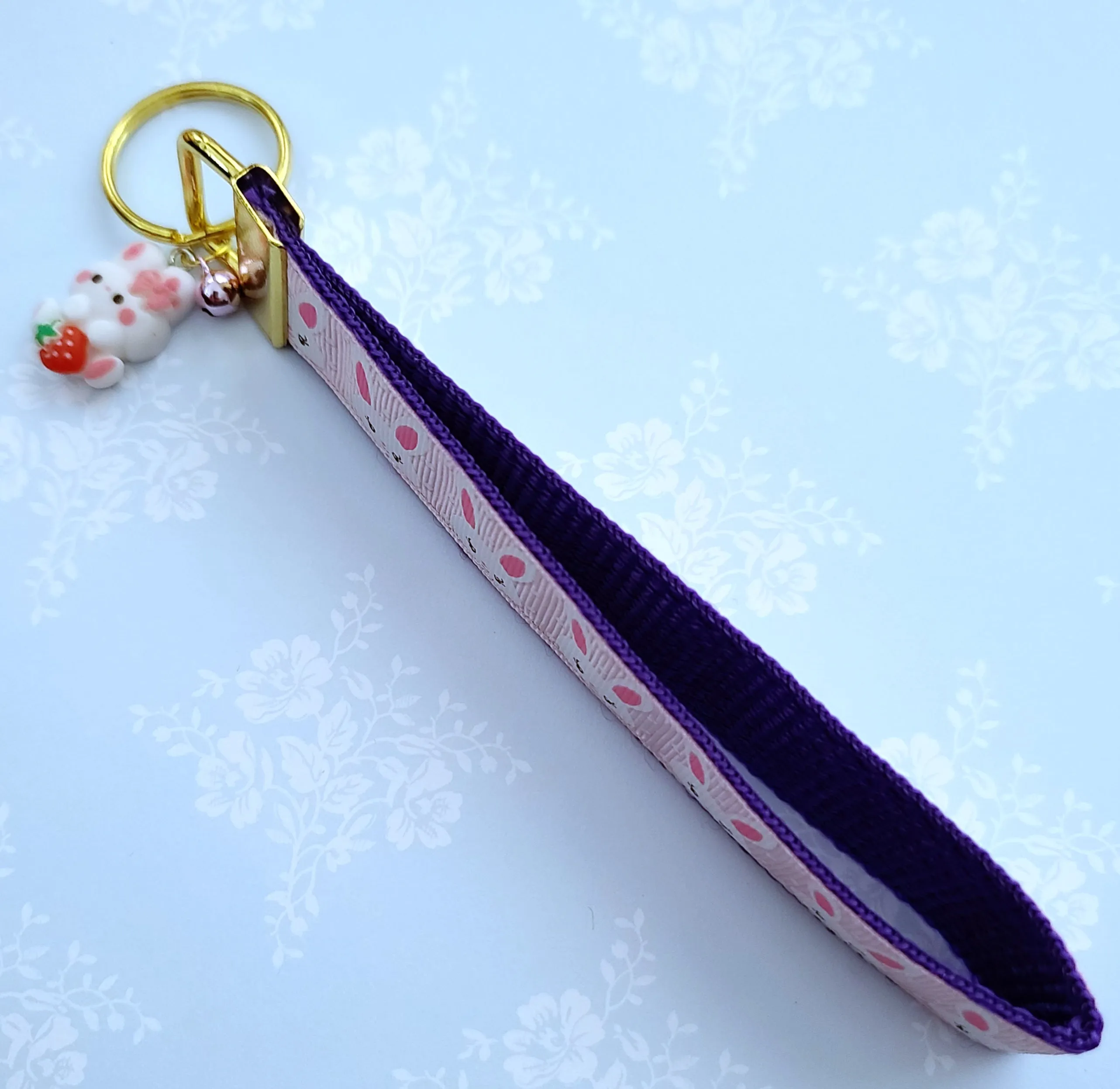 Bunnies with Glittery Faces Key Chain Fob with Yellow Gold Clasp and Cute Enameled Bunny Charm