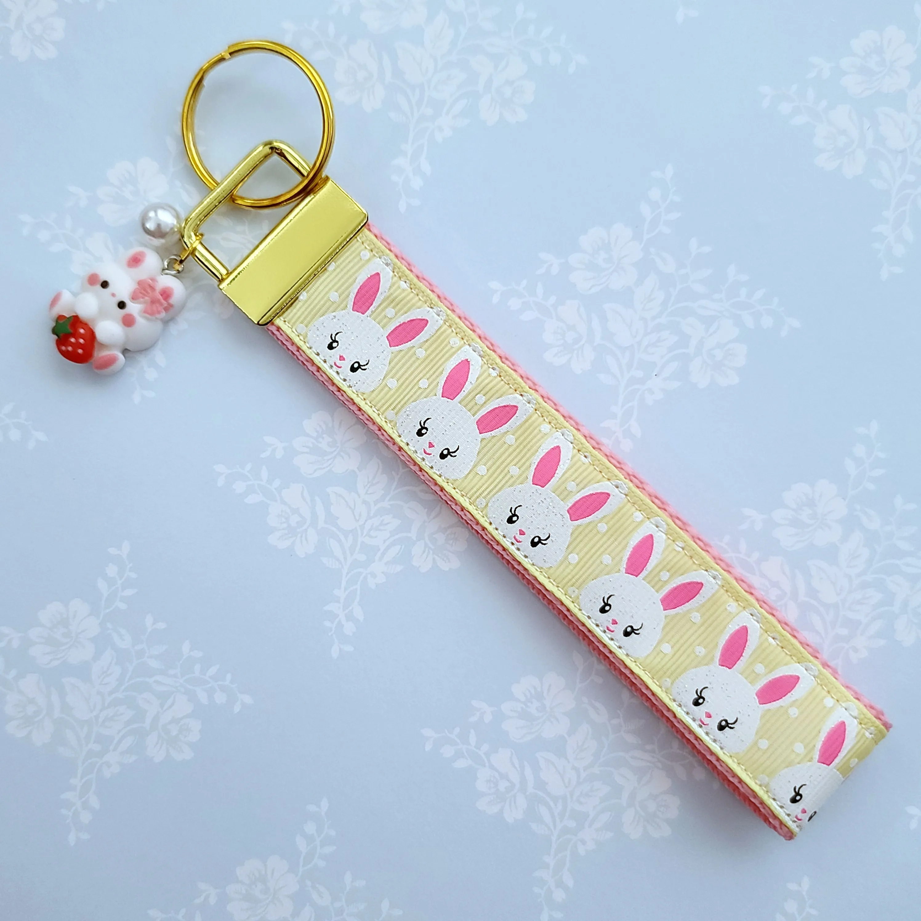 Bunnies with Glittery Faces Key Chain Fob with Yellow Gold Clasp and Cute Enameled Bunny Charm