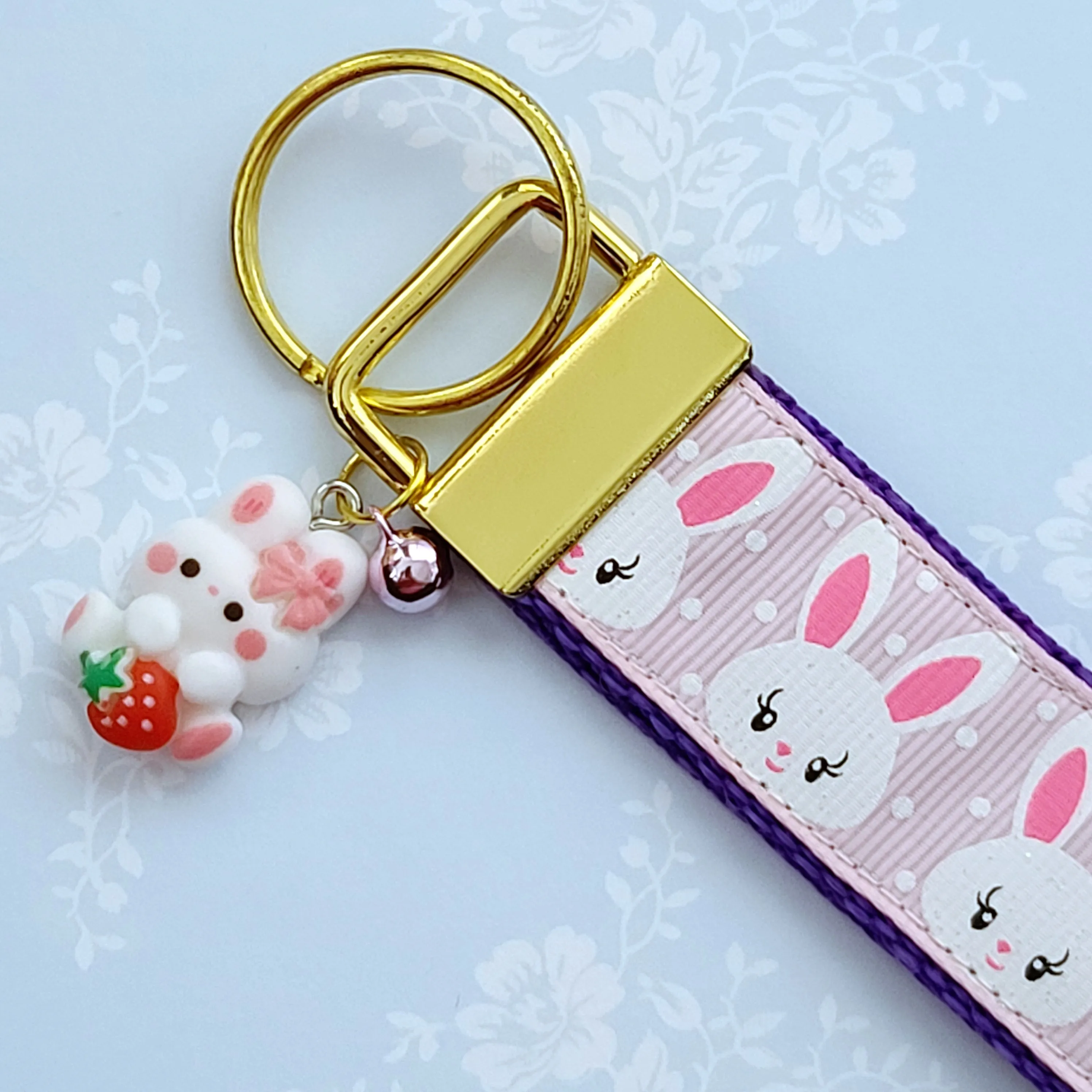 Bunnies with Glittery Faces Key Chain Fob with Yellow Gold Clasp and Cute Enameled Bunny Charm