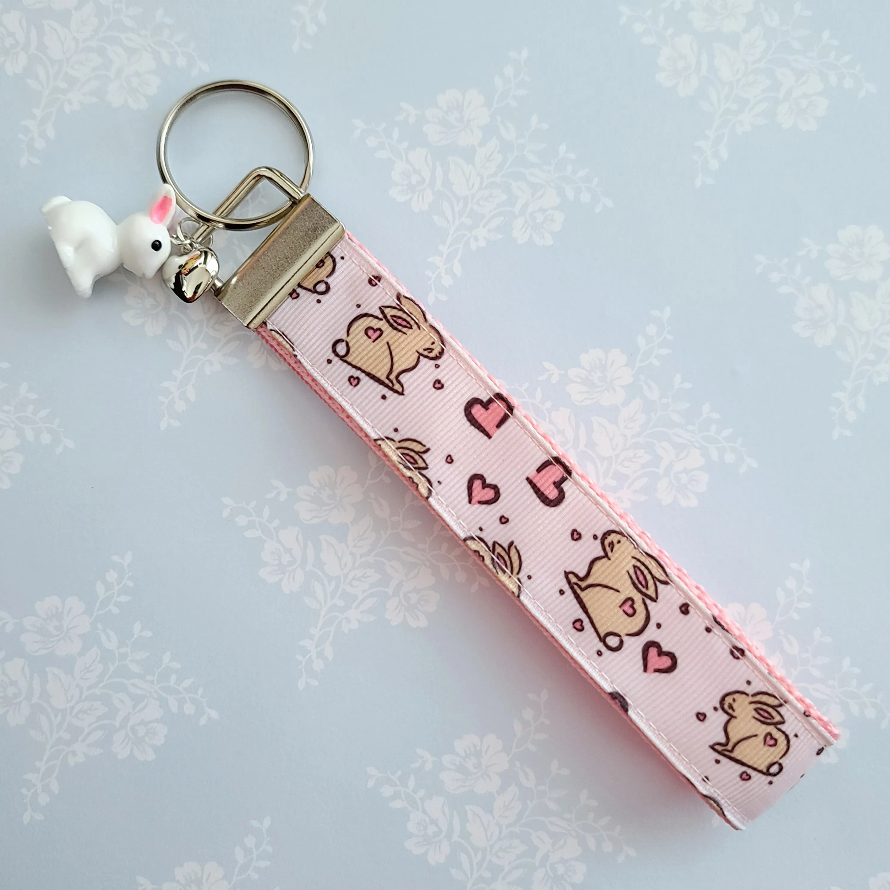 Bunnies with Hearts on Silver Key Chain Fob with Rose Charm