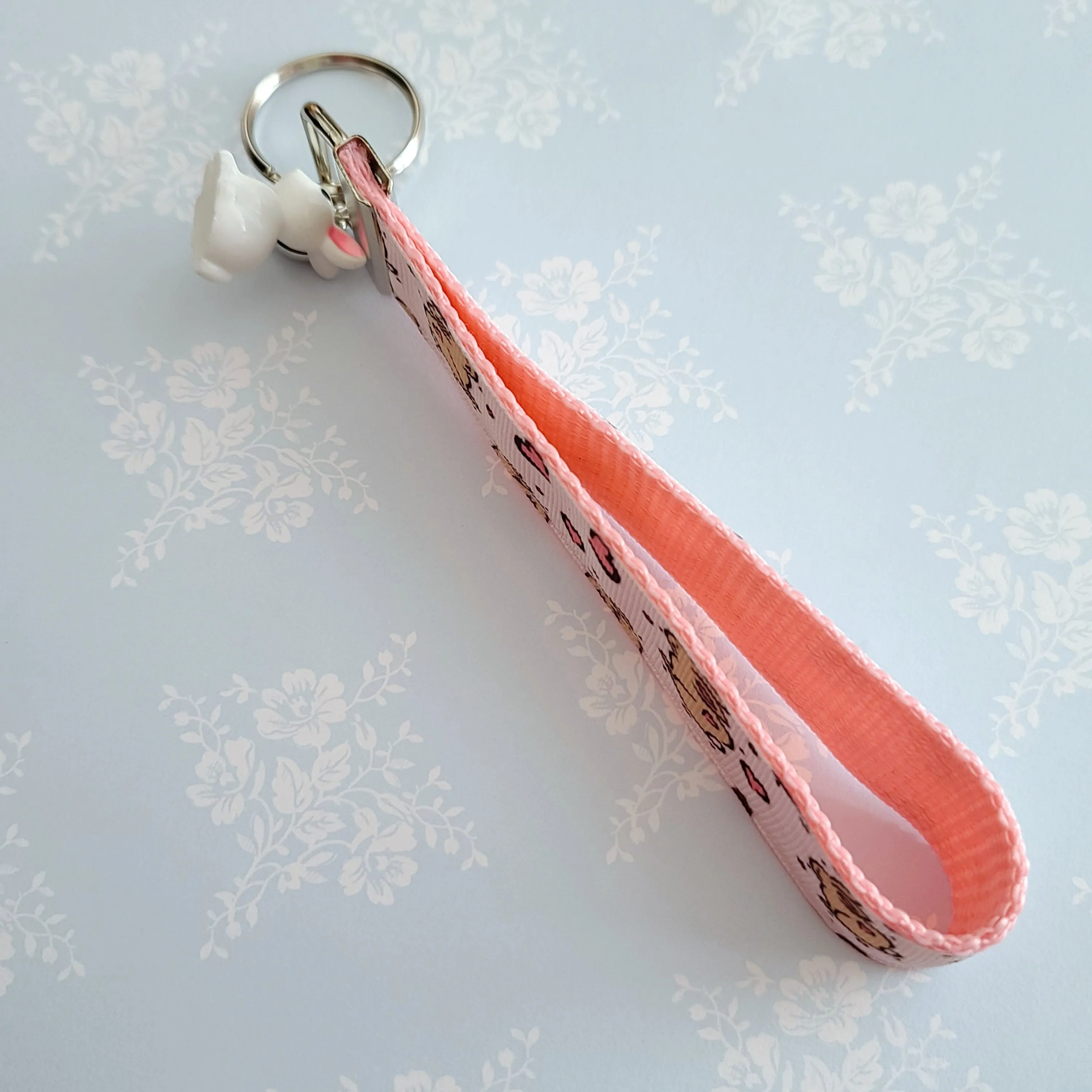 Bunnies with Hearts on Silver Key Chain Fob with Rose Charm