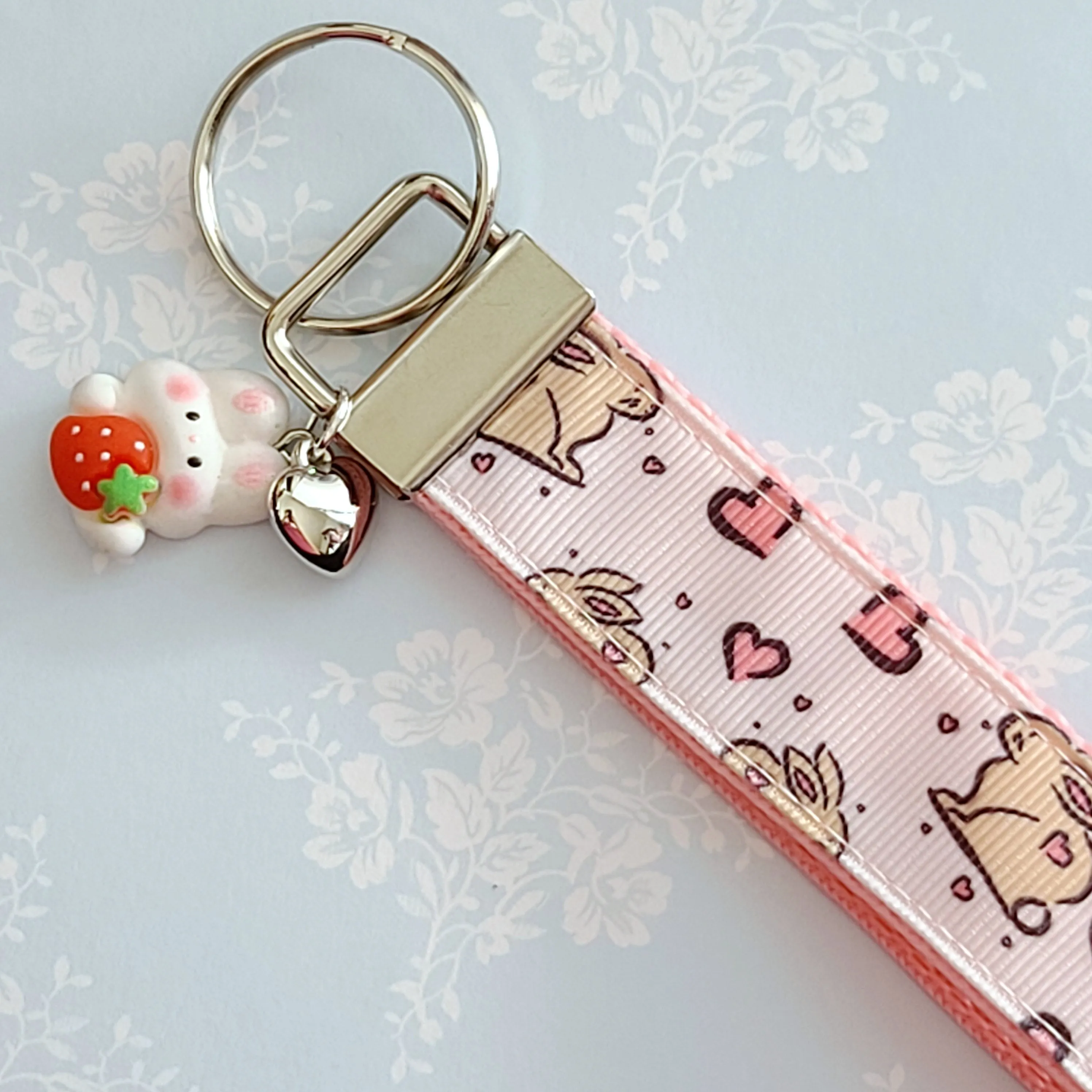 Bunnies with Hearts on Silver Key Chain Fob with Rose Charm