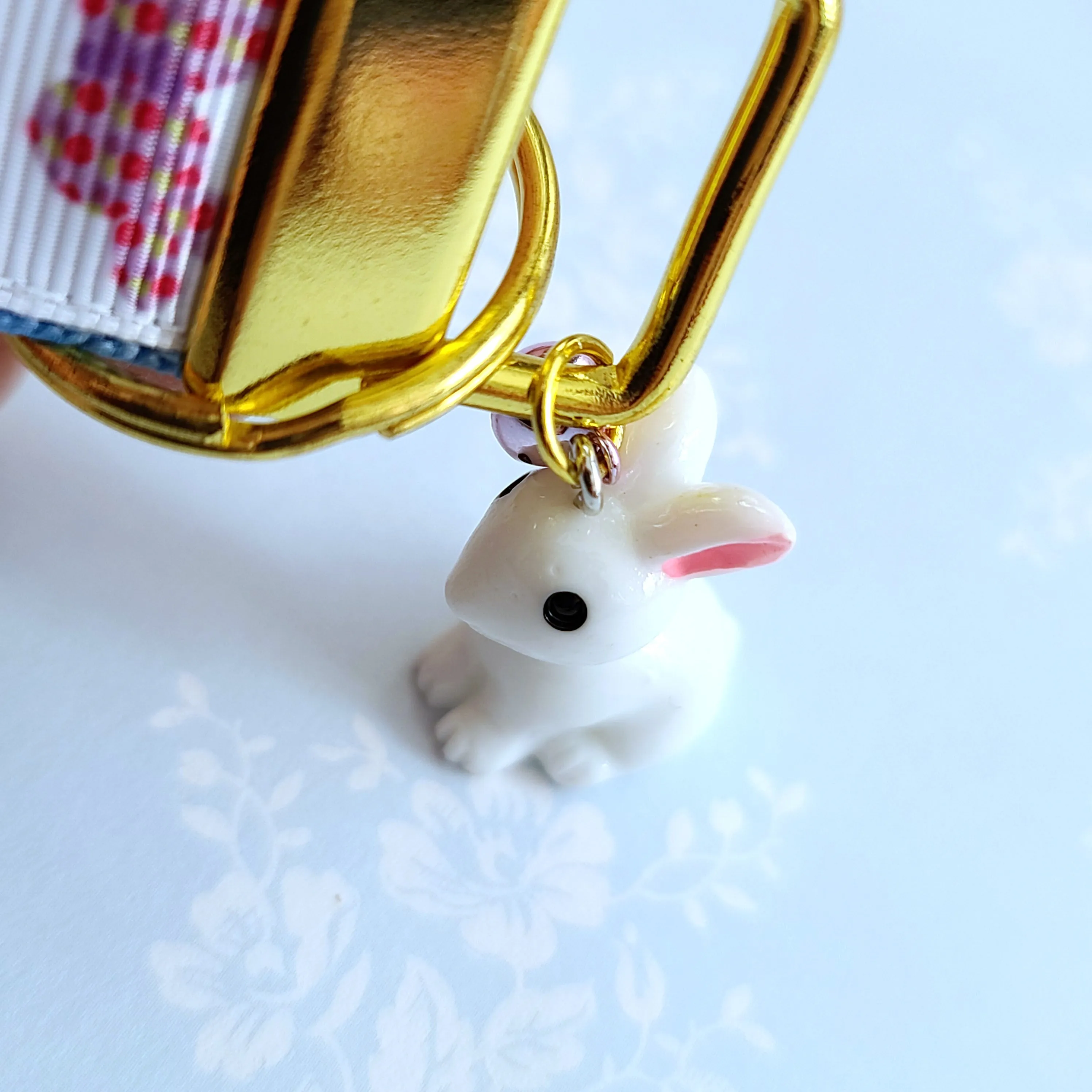 Bunnies with Patterns Key Chain Fob on Gold with Bunny Charm