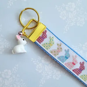 Bunnies with Patterns Key Chain Fob on Gold with Bunny Charm