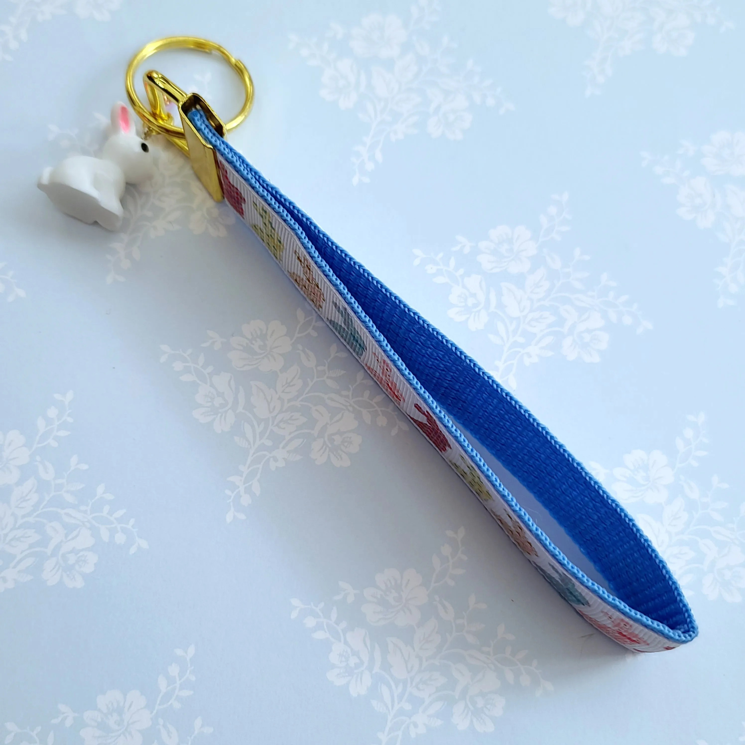 Bunnies with Patterns Key Chain Fob on Gold with Bunny Charm