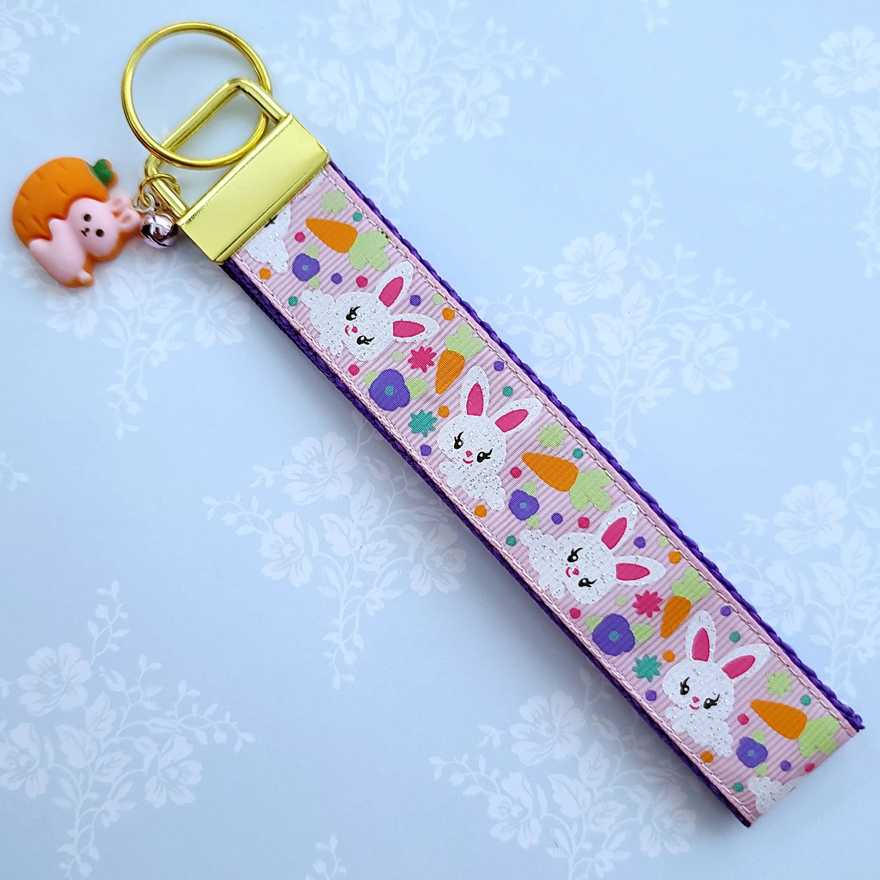 Bunny Flowers & Carrots Glittery Key Chain Fob on Gold with Bunny Charm