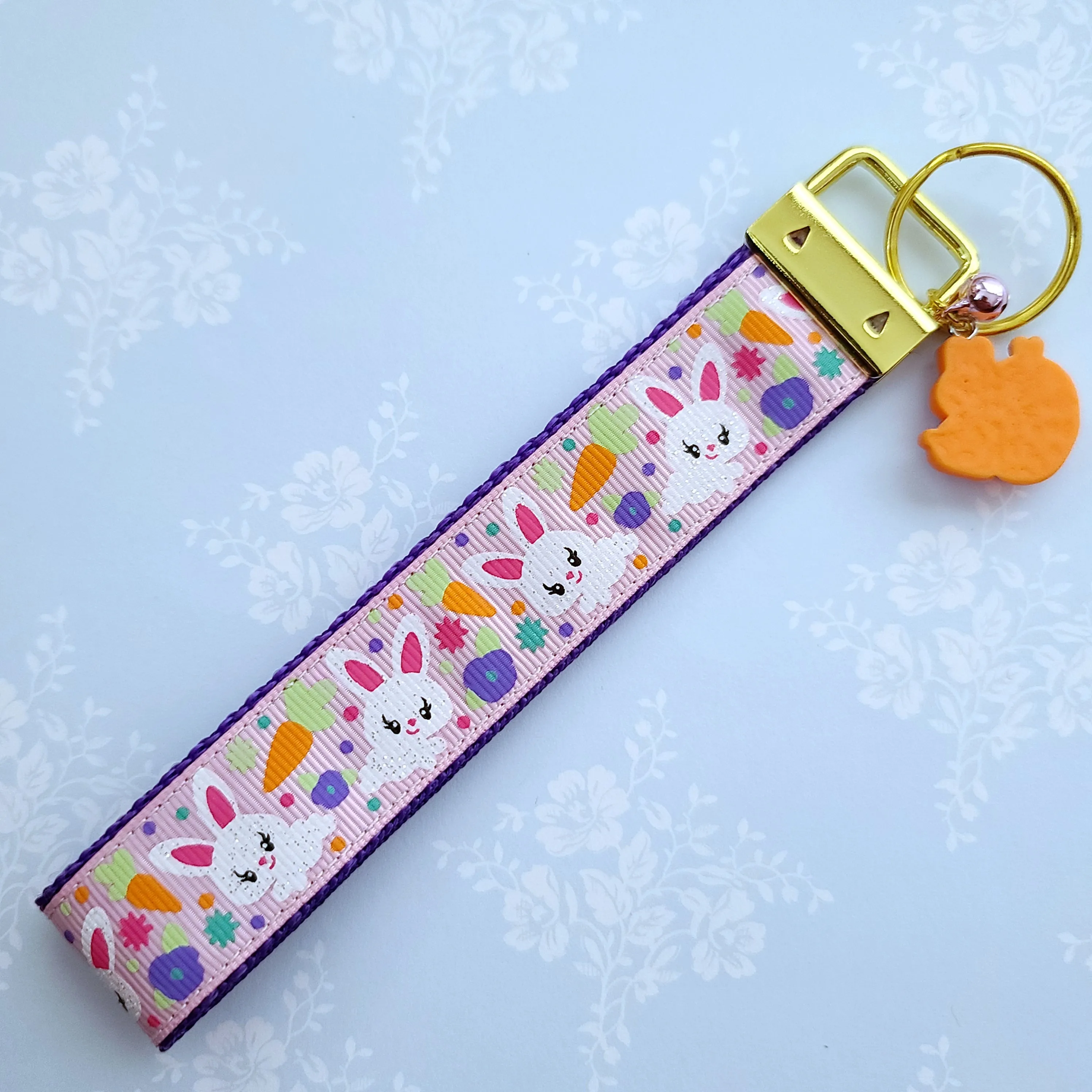 Bunny Flowers & Carrots Glittery Key Chain Fob on Gold with Bunny Charm