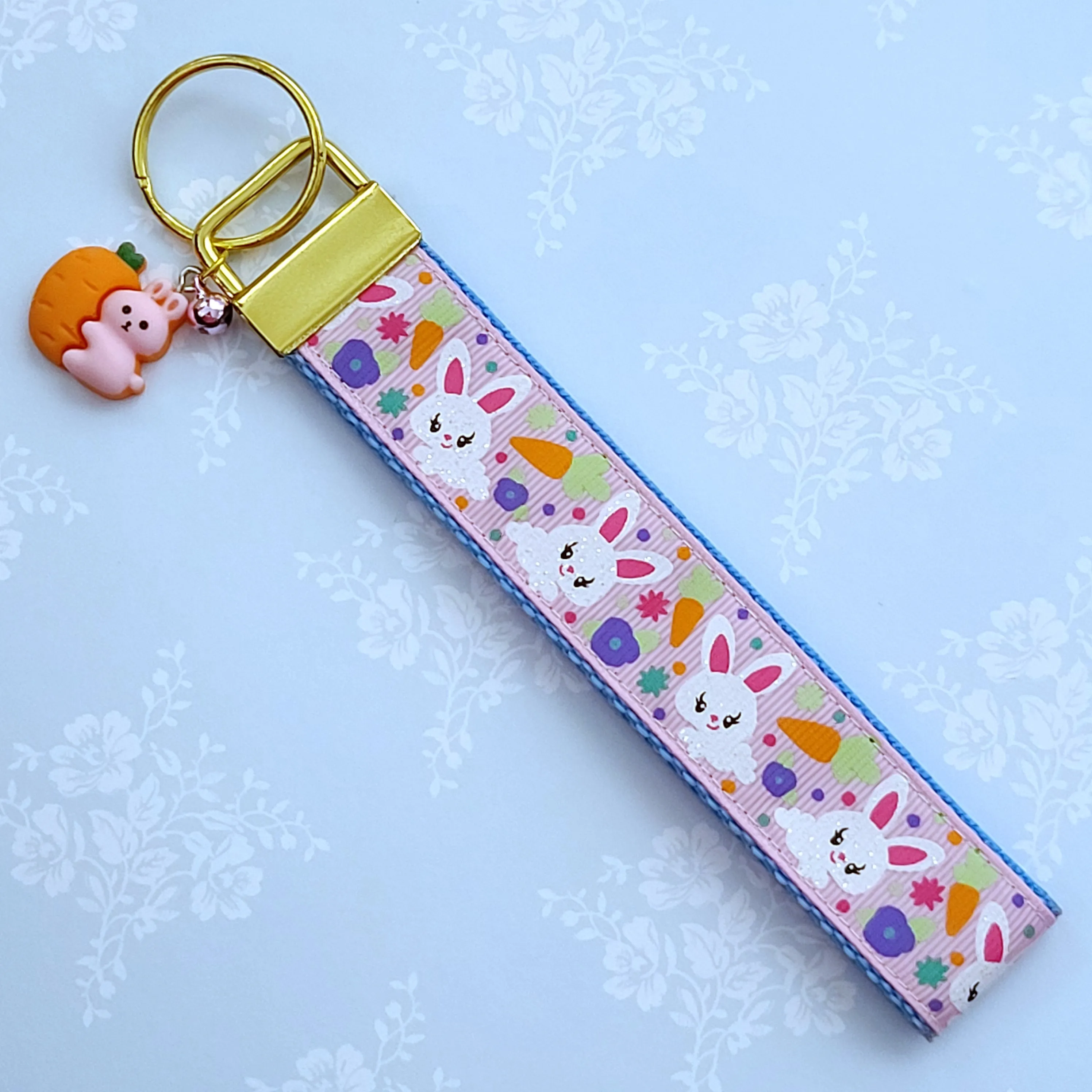 Bunny Flowers & Carrots Glittery Key Chain Fob on Gold with Bunny Charm