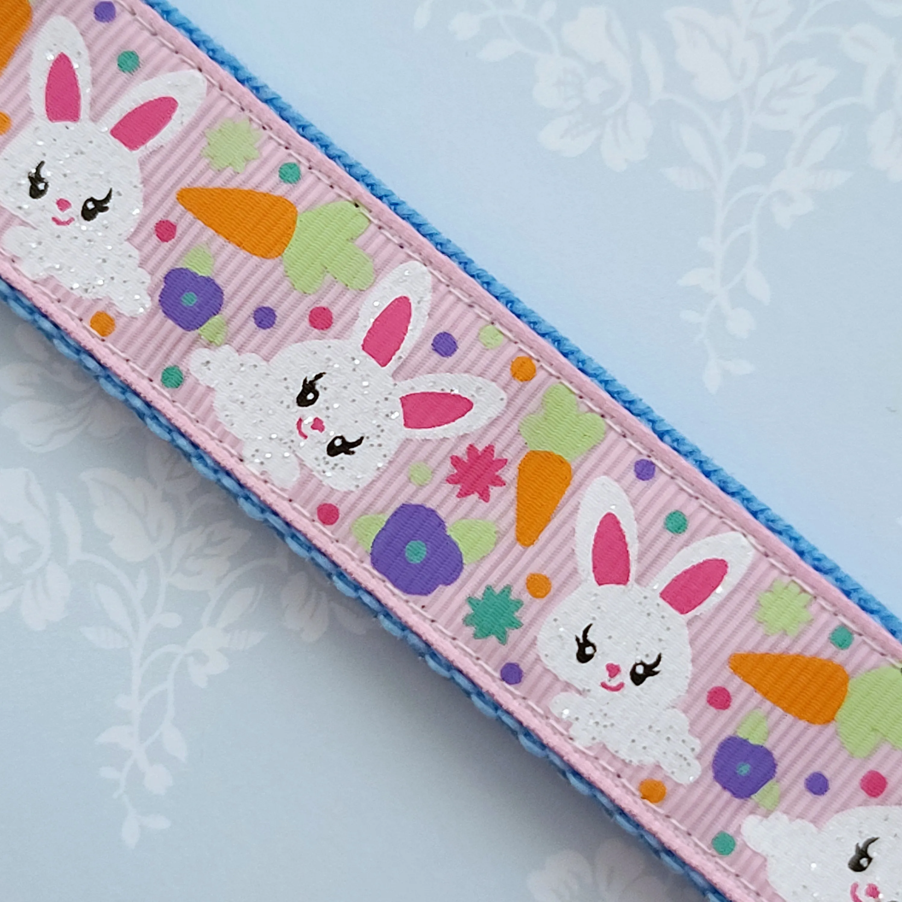 Bunny Flowers & Carrots Glittery Key Chain Fob on Gold with Bunny Charm