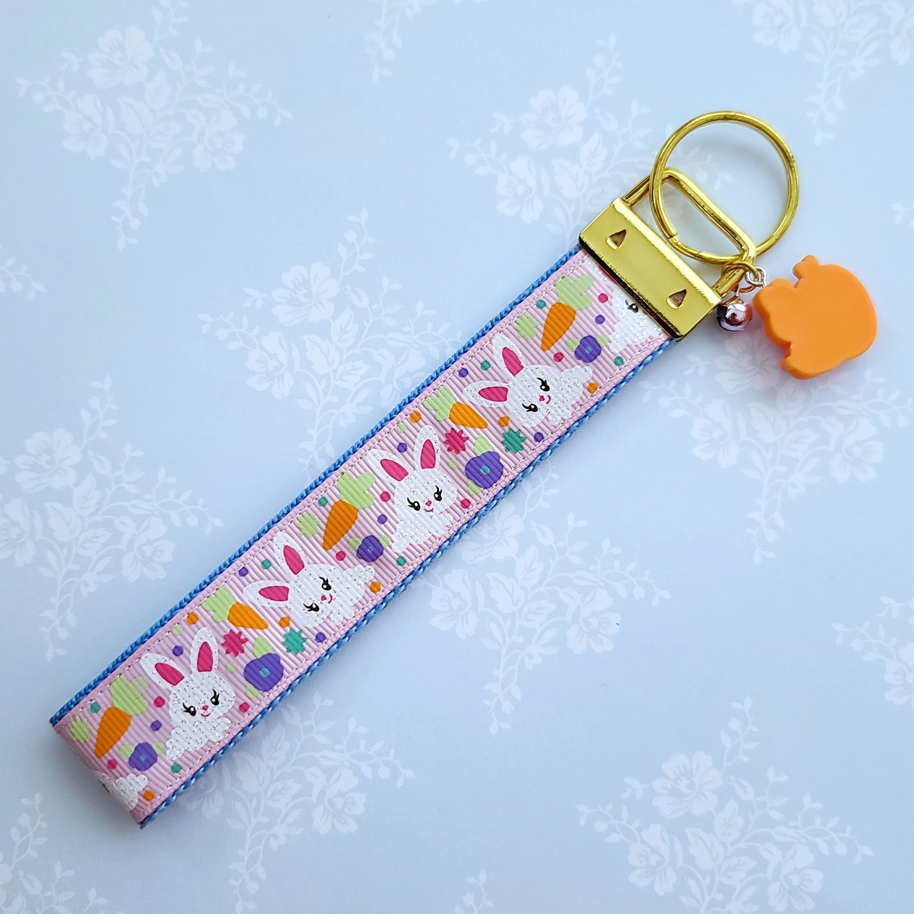 Bunny Flowers & Carrots Glittery Key Chain Fob on Gold with Bunny Charm