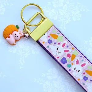 Bunny Flowers & Carrots Glittery Key Chain Fob on Gold with Bunny Charm