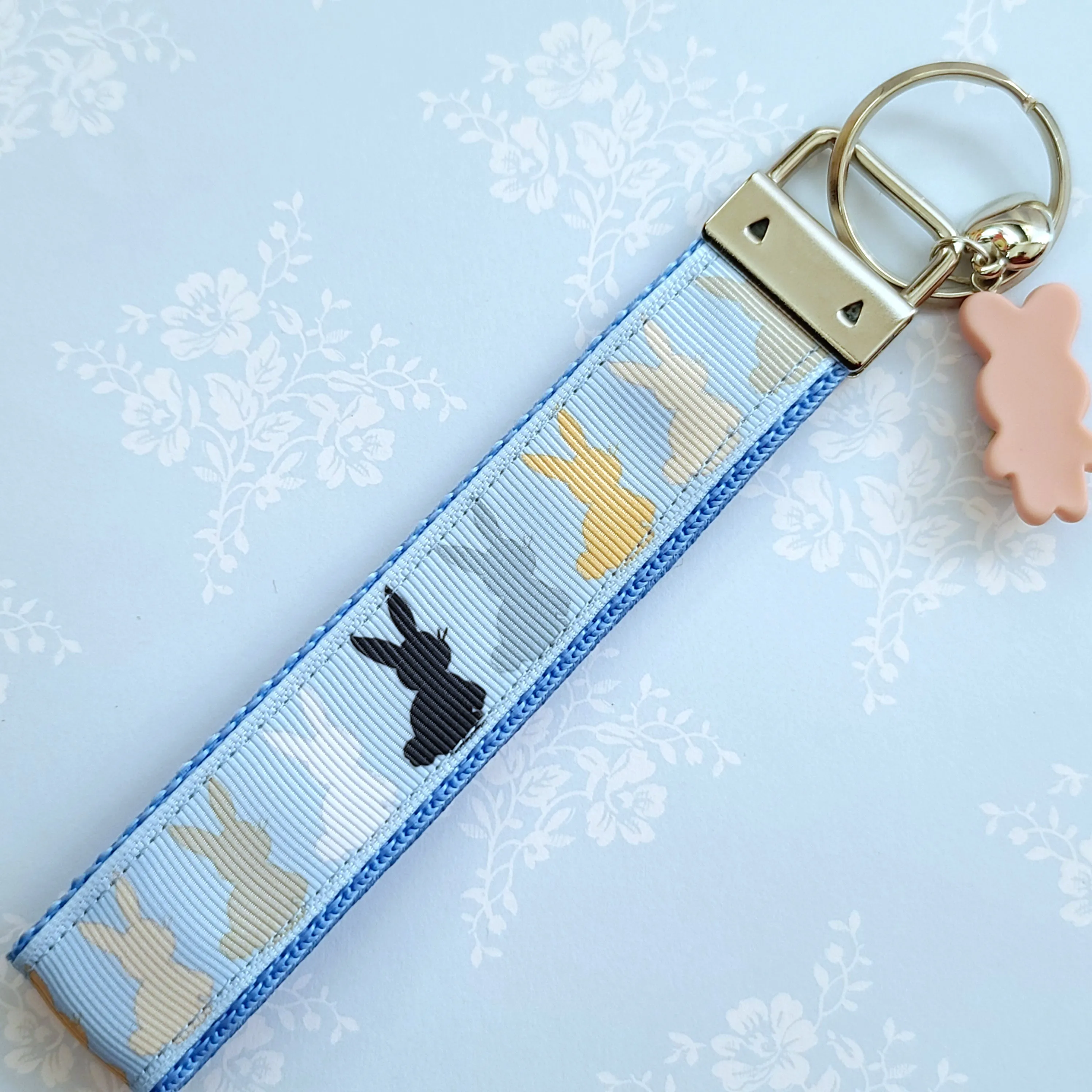 Bunny Shadows Hopping Along Key Chain Fob with Bunny Charm