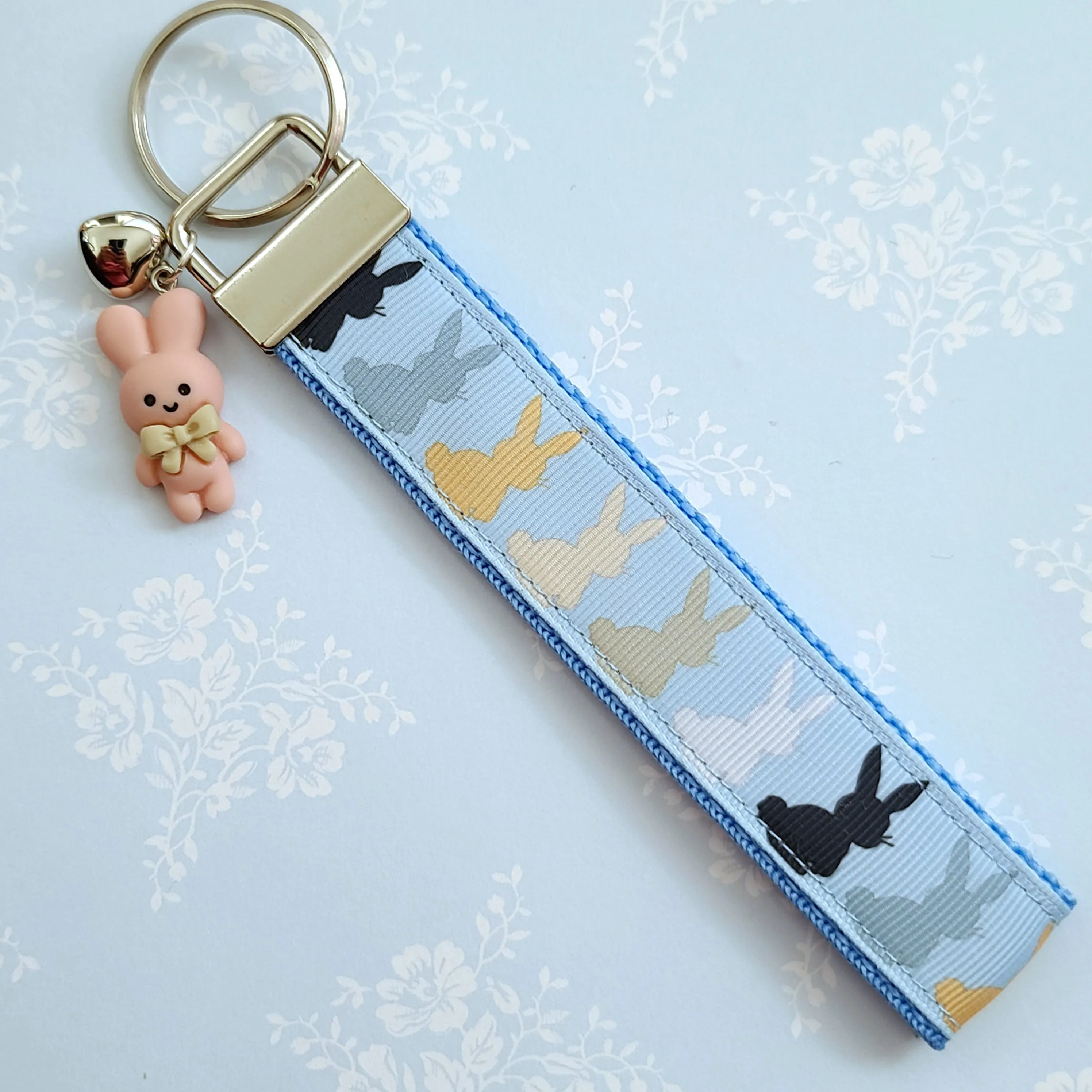 Bunny Shadows Hopping Along Key Chain Fob with Bunny Charm