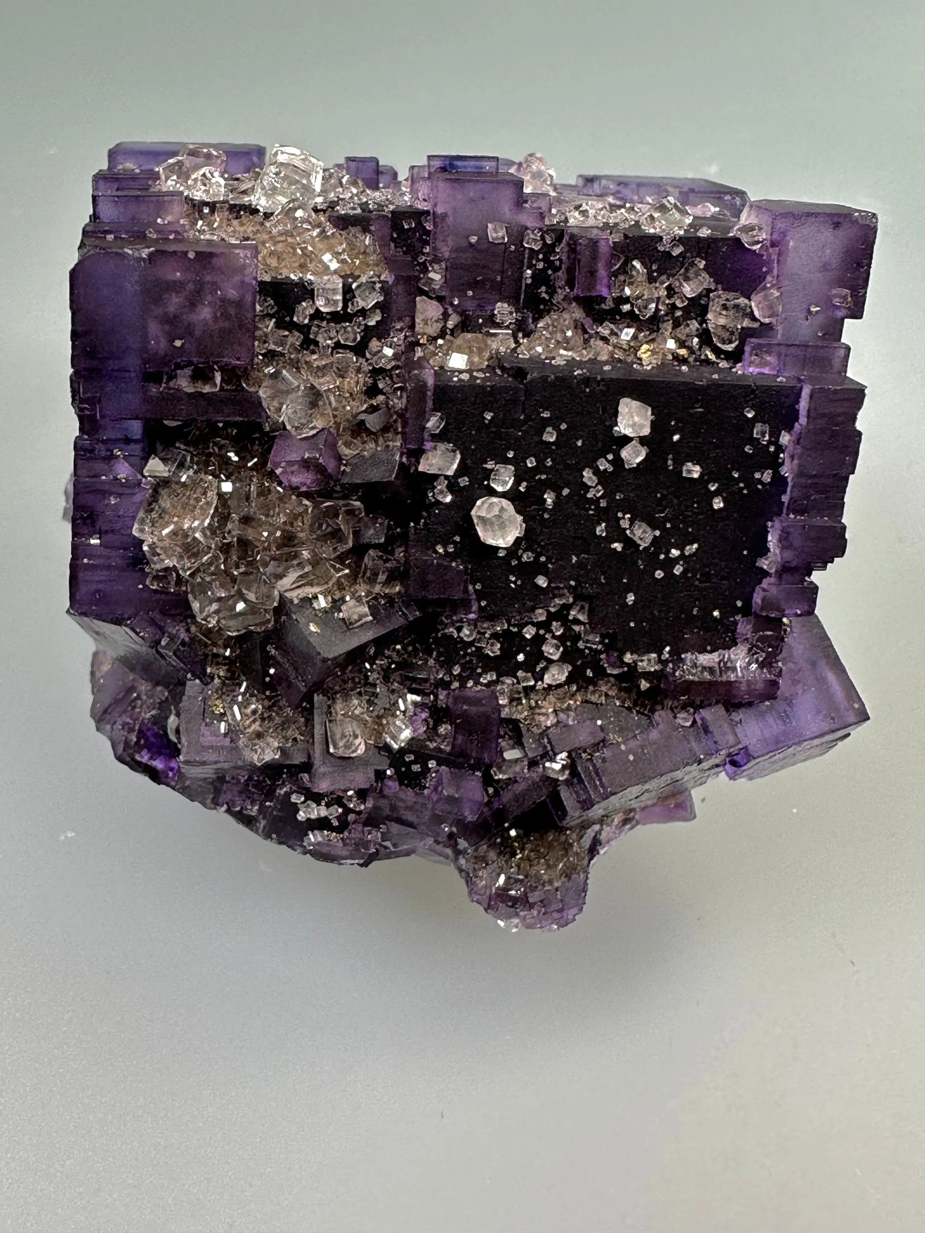 Calcite on Fluorite, Sub-Rosiclare Level, Bahama Pod, Denton Mine, Ozark-Mahoning Co., Harris Creek District, Southern Illinois, Mined c. 1992-1993, ex. Sam and Ann Koster Collection #00036, Miniature 3.3 x 3.5 x 4.2 cm, $450.  Online Dec. 19