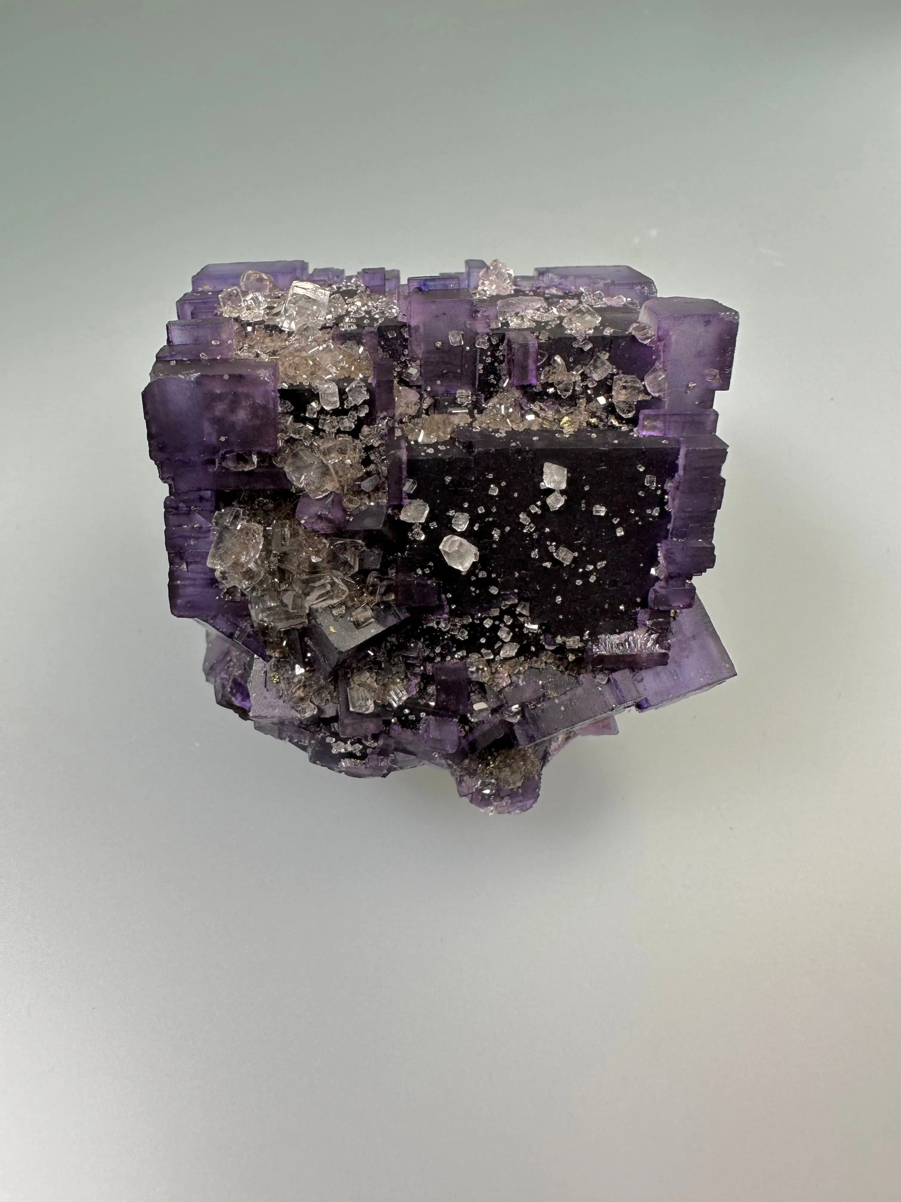 Calcite on Fluorite, Sub-Rosiclare Level, Bahama Pod, Denton Mine, Ozark-Mahoning Co., Harris Creek District, Southern Illinois, Mined c. 1992-1993, ex. Sam and Ann Koster Collection #00036, Miniature 3.3 x 3.5 x 4.2 cm, $450.  Online Dec. 19
