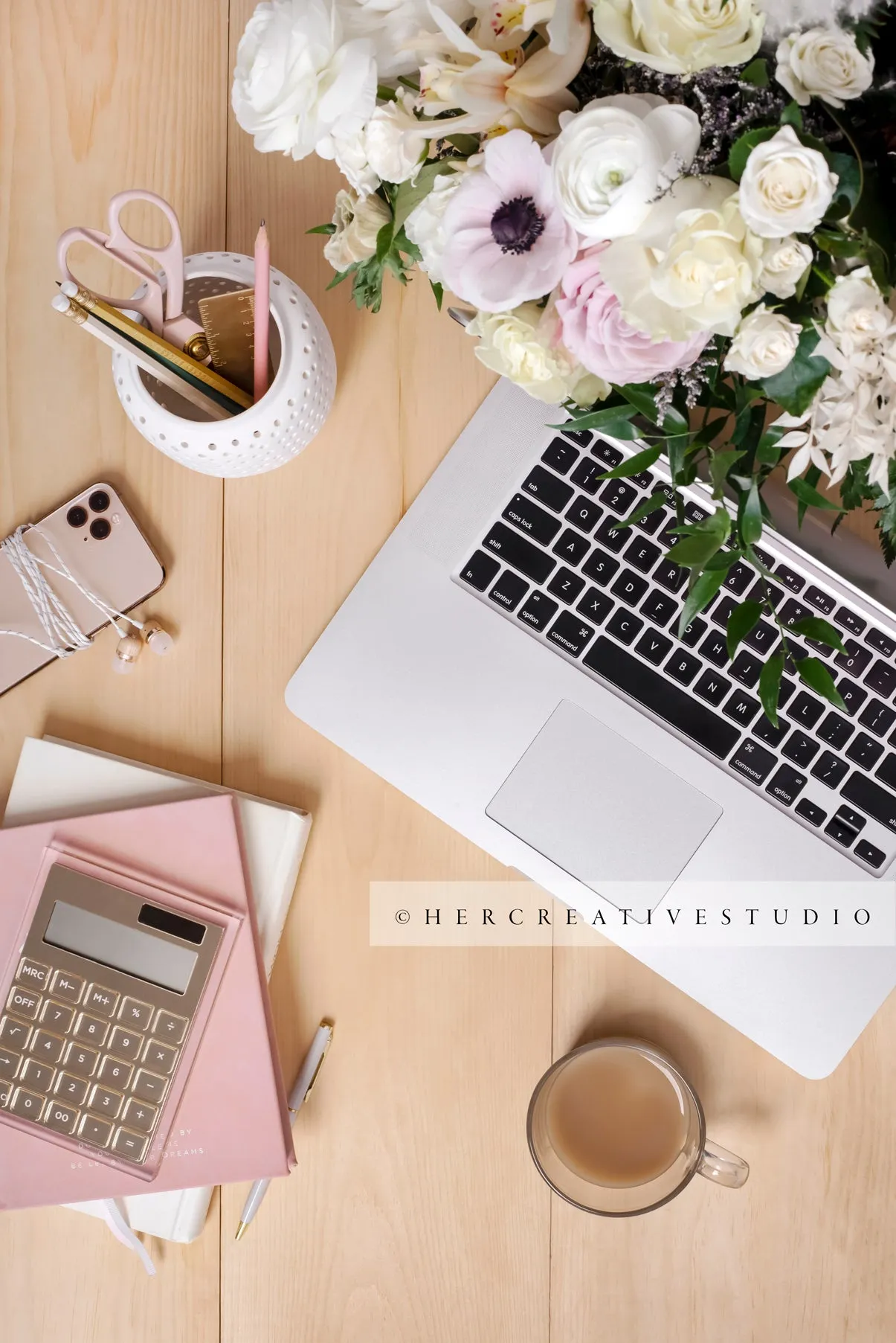 Calculator, Laptop & Flowers on Wood Floor, Styled Stock Image