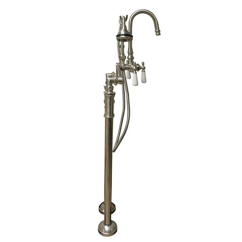 Cambridge Plumbing Freestanding H-Frame Supply Lines With Classic Gooseneck Faucet & Hand Held Shower Combo CAM-H-684 Brushed Nickel