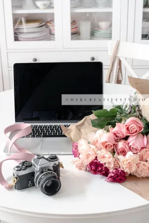 Camera, Laptop and Roses on White Table, Styled Stock Image