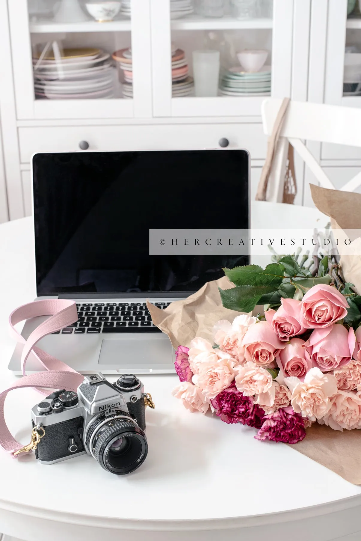 Camera, Laptop and Roses on White Table, Styled Stock Image
