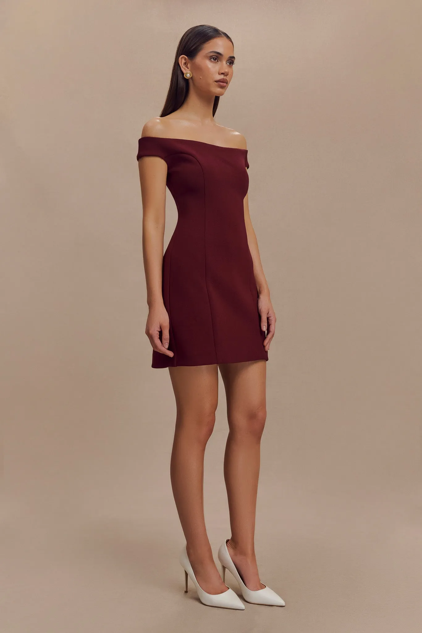 Cassidy Crepe Off Shoulder Mini Dress - Merlot