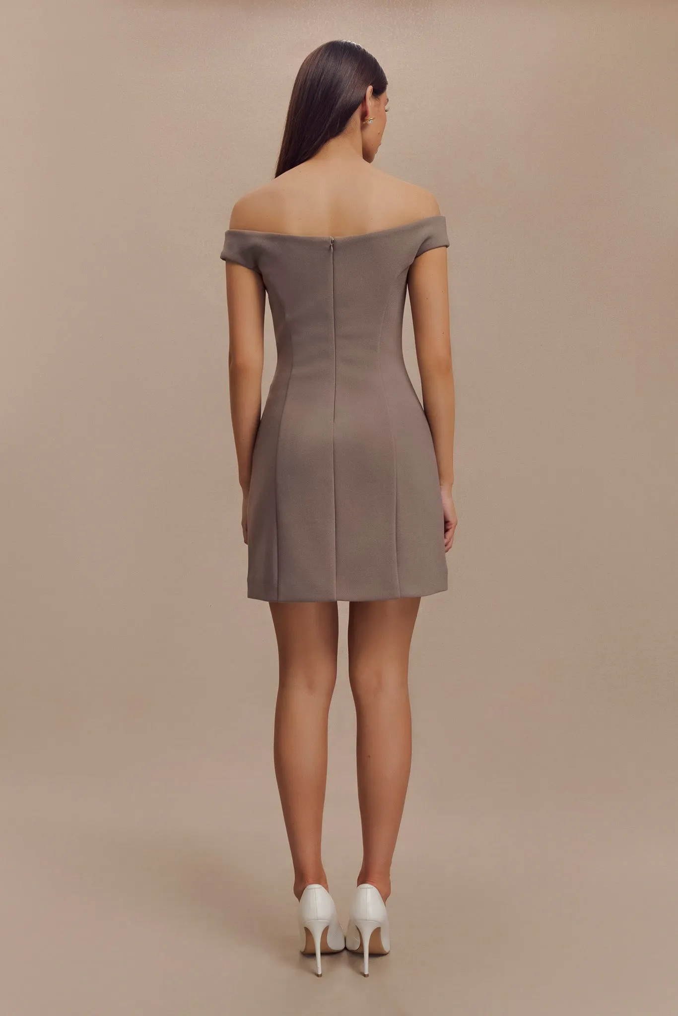 Cassidy Crepe Off Shoulder Mini Dress - Smoke