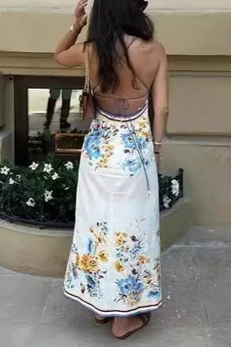 Casual Floral Frenulum Backless V Neck Sling Dresses