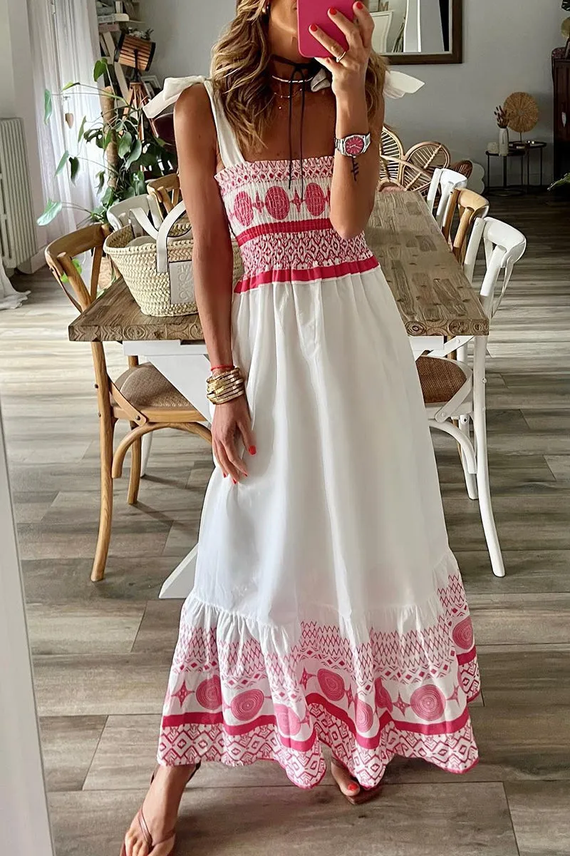 Casual Sweet Print Frenulum Square Collar Sling Dress Dresses