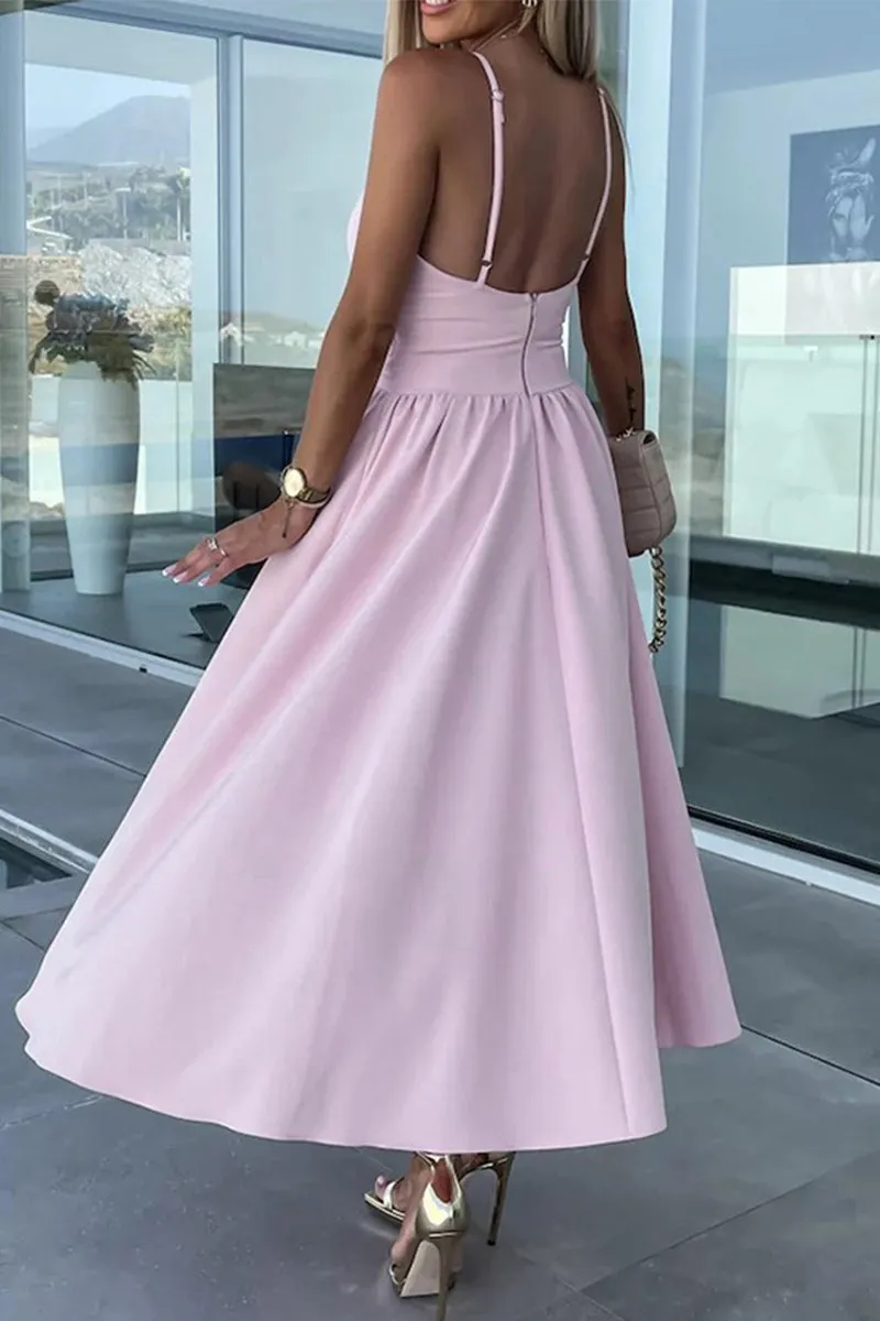 Casual Sweet Solid Slit V Neck Sling Dress Dresses