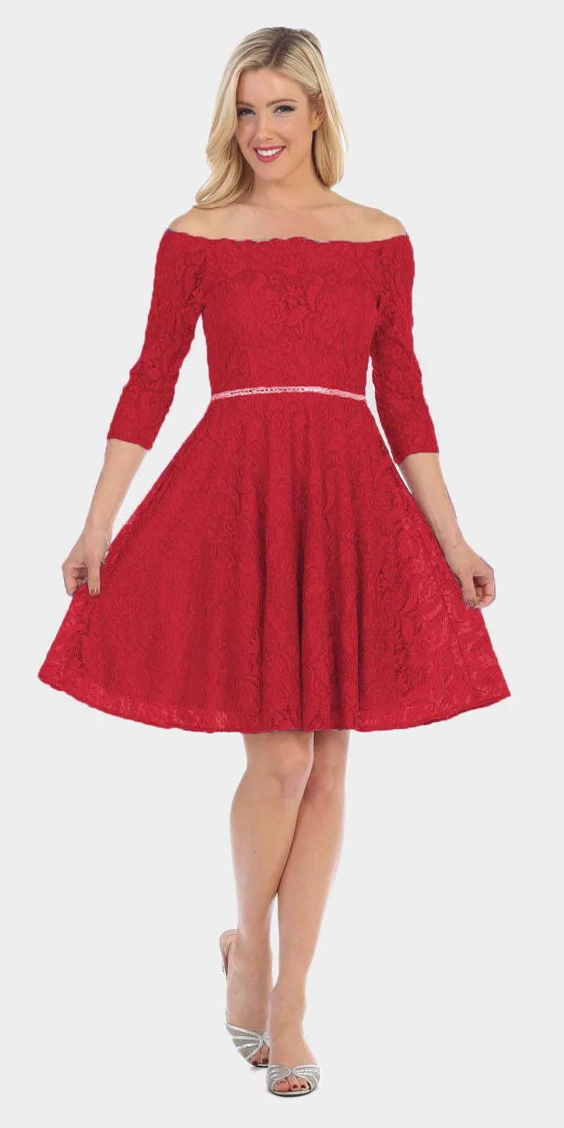 Celavie 6343S Off-the-Shoulder Short Lace A-Line Dress Mid Length Sleeves
