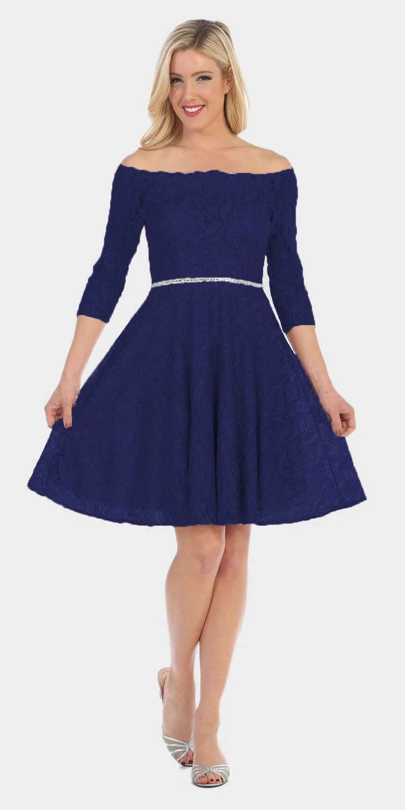 Celavie 6343S Off-the-Shoulder Short Lace A-Line Dress Mid Length Sleeves