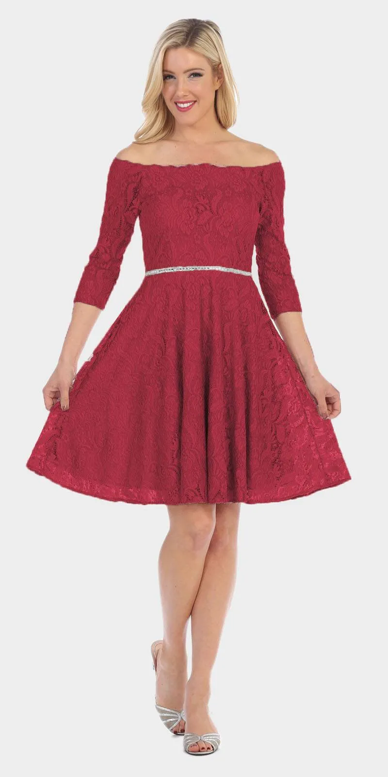 Celavie 6343S Off-the-Shoulder Short Lace A-Line Dress Mid Length Sleeves