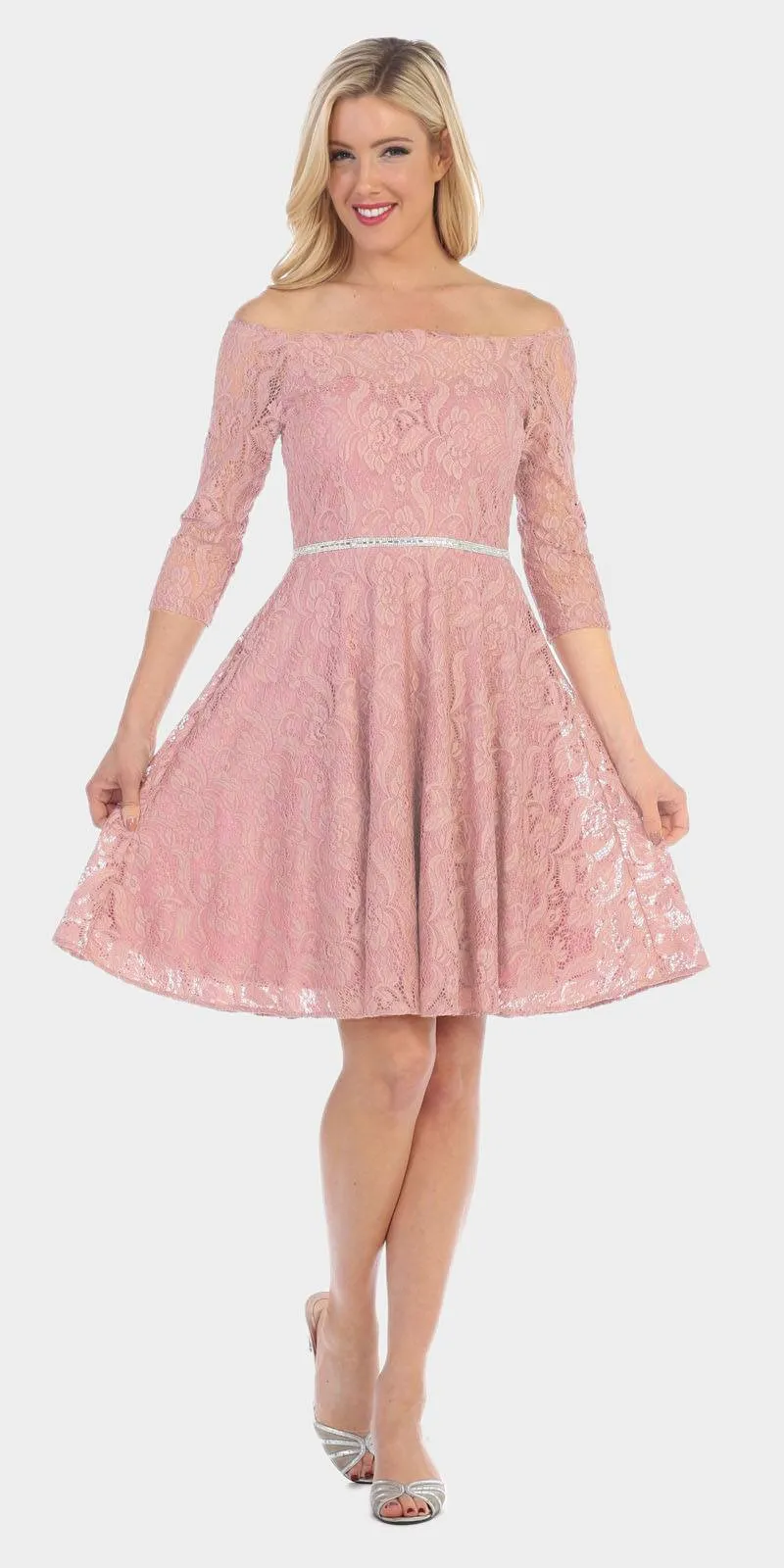 Celavie 6343S Off-the-Shoulder Short Lace A-Line Dress Mid Length Sleeves