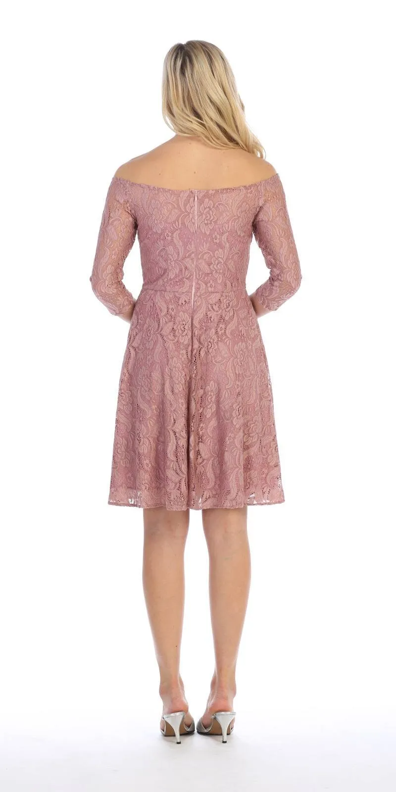 Celavie 6343S Off-the-Shoulder Short Lace A-Line Dress Mid Length Sleeves