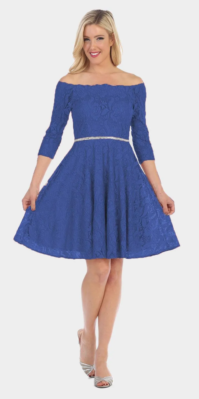 Celavie 6343S Off-the-Shoulder Short Lace A-Line Dress Mid Length Sleeves