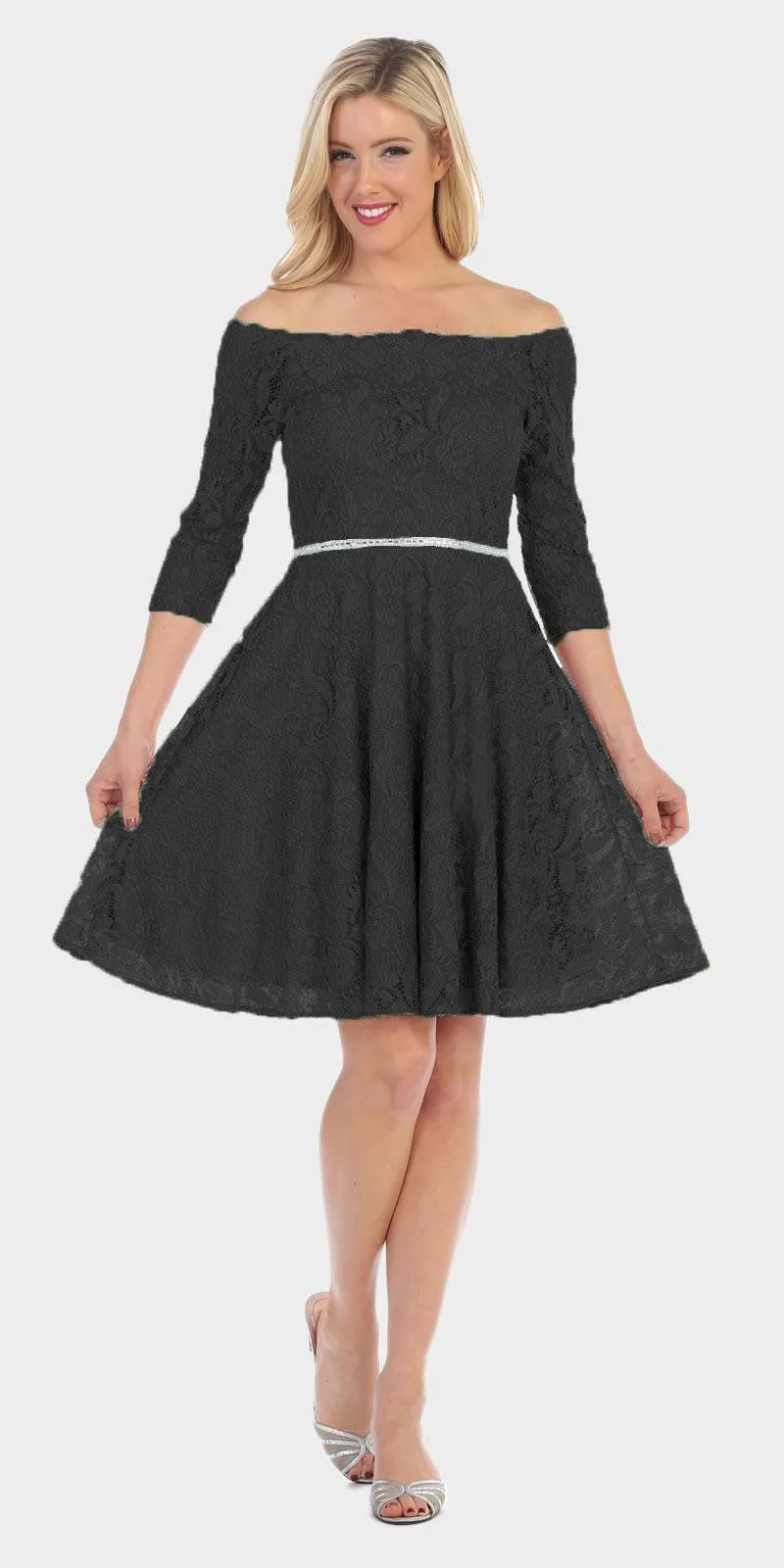 Celavie 6343S Off-the-Shoulder Short Lace A-Line Dress Mid Length Sleeves