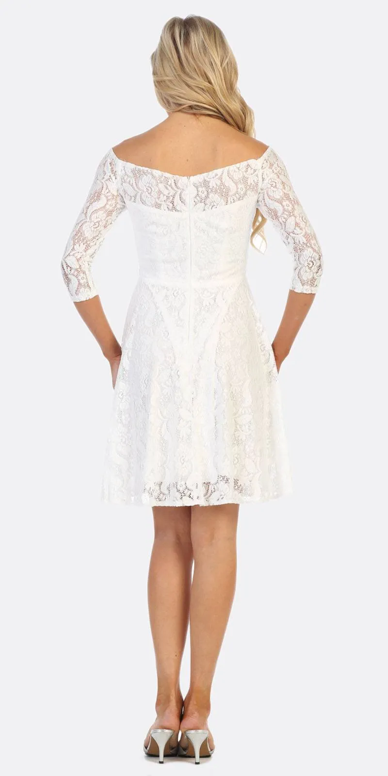 Celavie 6343S Off-the-Shoulder Short Lace A-Line Dress Mid Length Sleeves