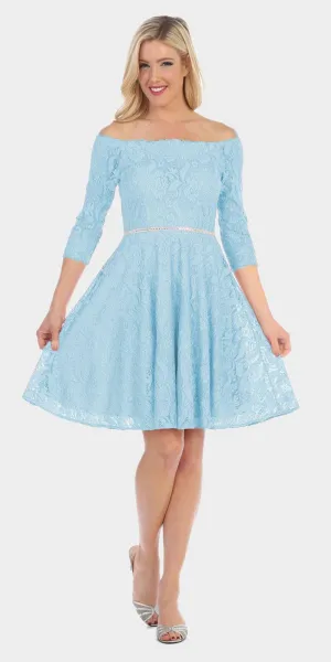 Celavie 6343S Off-the-Shoulder Short Lace A-Line Dress Mid Length Sleeves