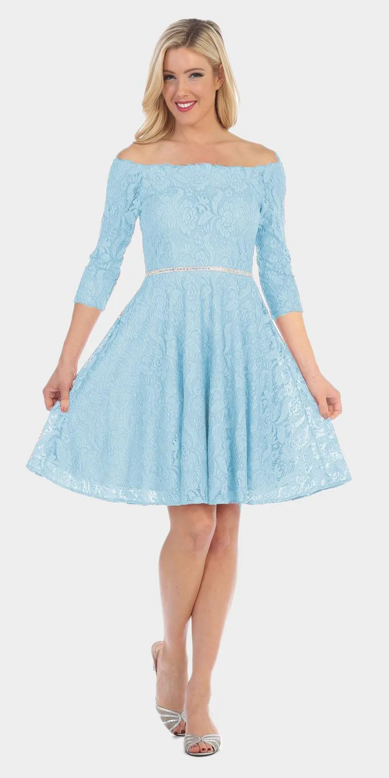 Celavie 6343S Off-the-Shoulder Short Lace A-Line Dress Mid Length Sleeves