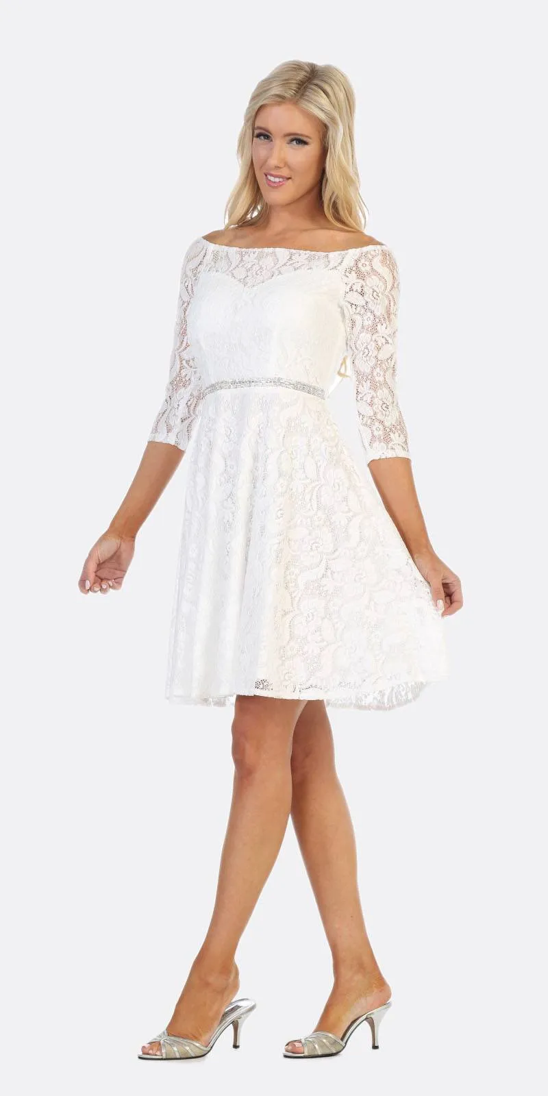 Celavie 6343S Off-the-Shoulder Short Lace A-Line Dress Mid Length Sleeves