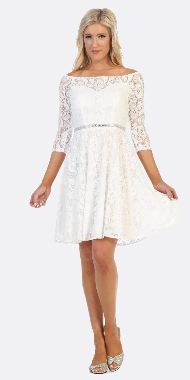 Celavie 6343S Off-the-Shoulder Short Lace A-Line Dress Mid Length Sleeves