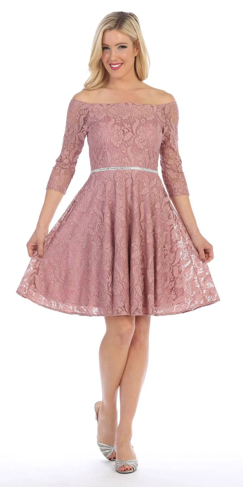 Celavie 6343S Off-the-Shoulder Short Lace A-Line Dress Mid Length Sleeves