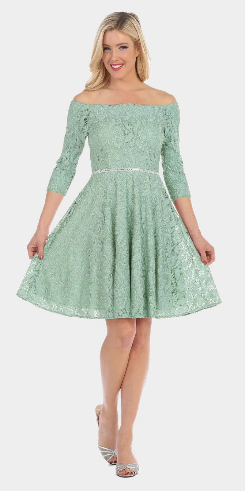Celavie 6343S Off-the-Shoulder Short Lace A-Line Dress Mid Length Sleeves