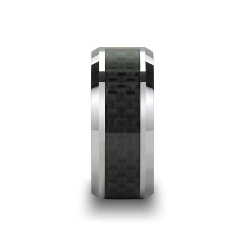 CHALCIS Men's Black Carbon Fiber Inlaid Tungsten Carbide Ring - 10mm