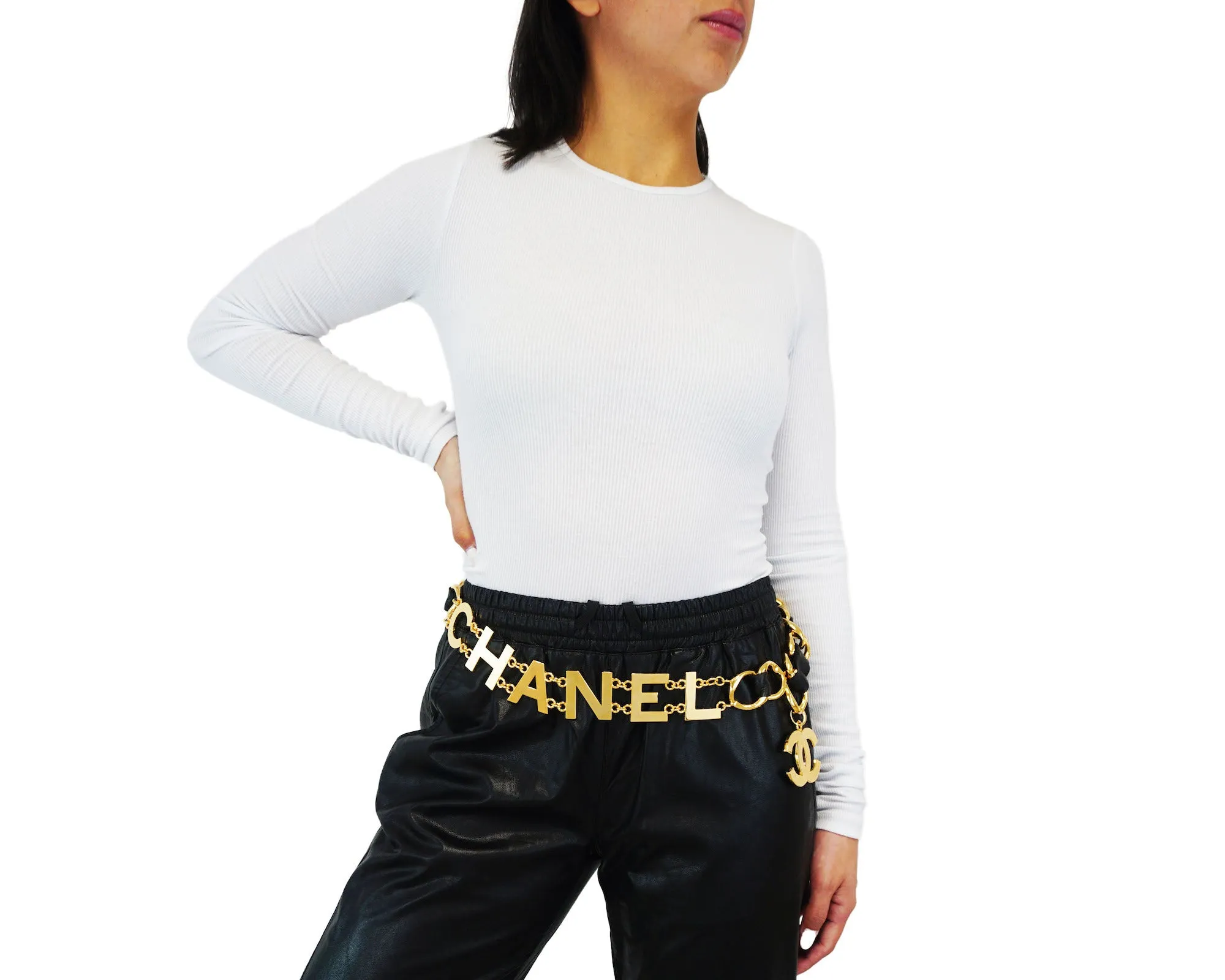 Chanel Vintage Rare XL “COCO CHANEL” Letter Leather Chain Belt