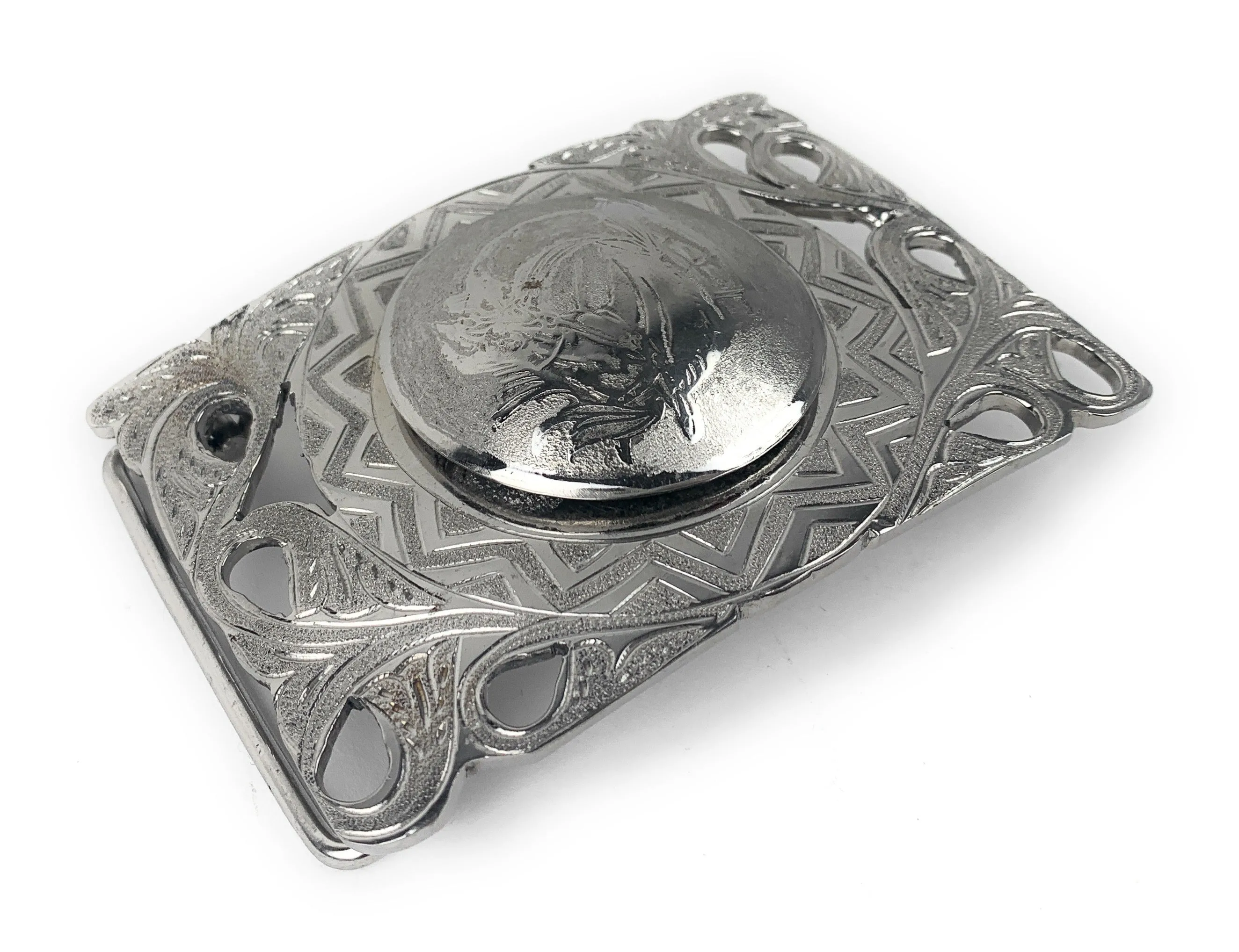 Charro Aztec & Flowered Western Belt Buckle - (Hebilla Charra Azteca Con Boton Y Herradura))